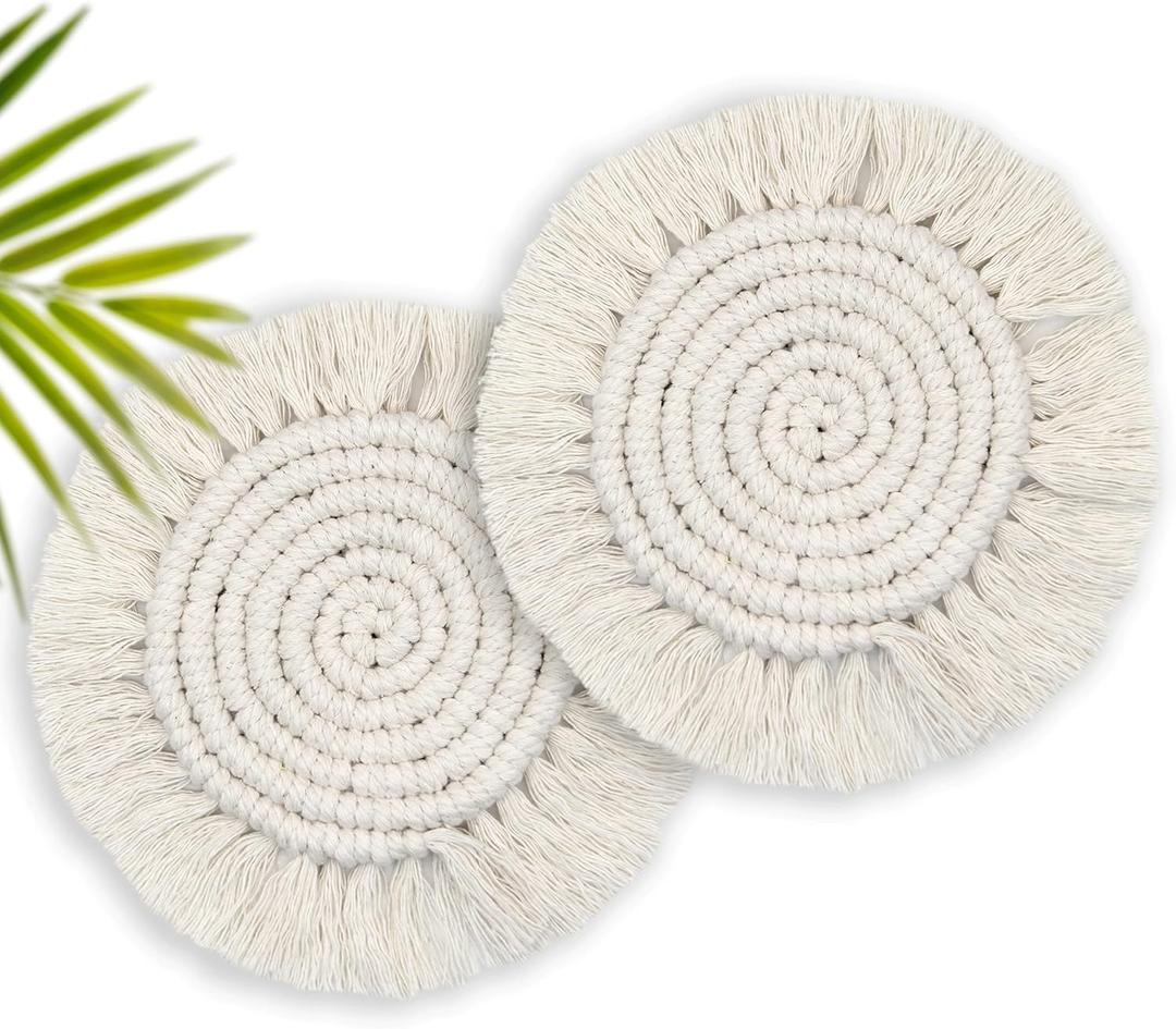 7.4in Boho Coasters Set of 2, Cute Drink Coasters Absorbent for Desk, Farmhouse Handmade Woven Macrame Coaster for Mugs Cups - Home Decor Housewarming Gift, Round Beige