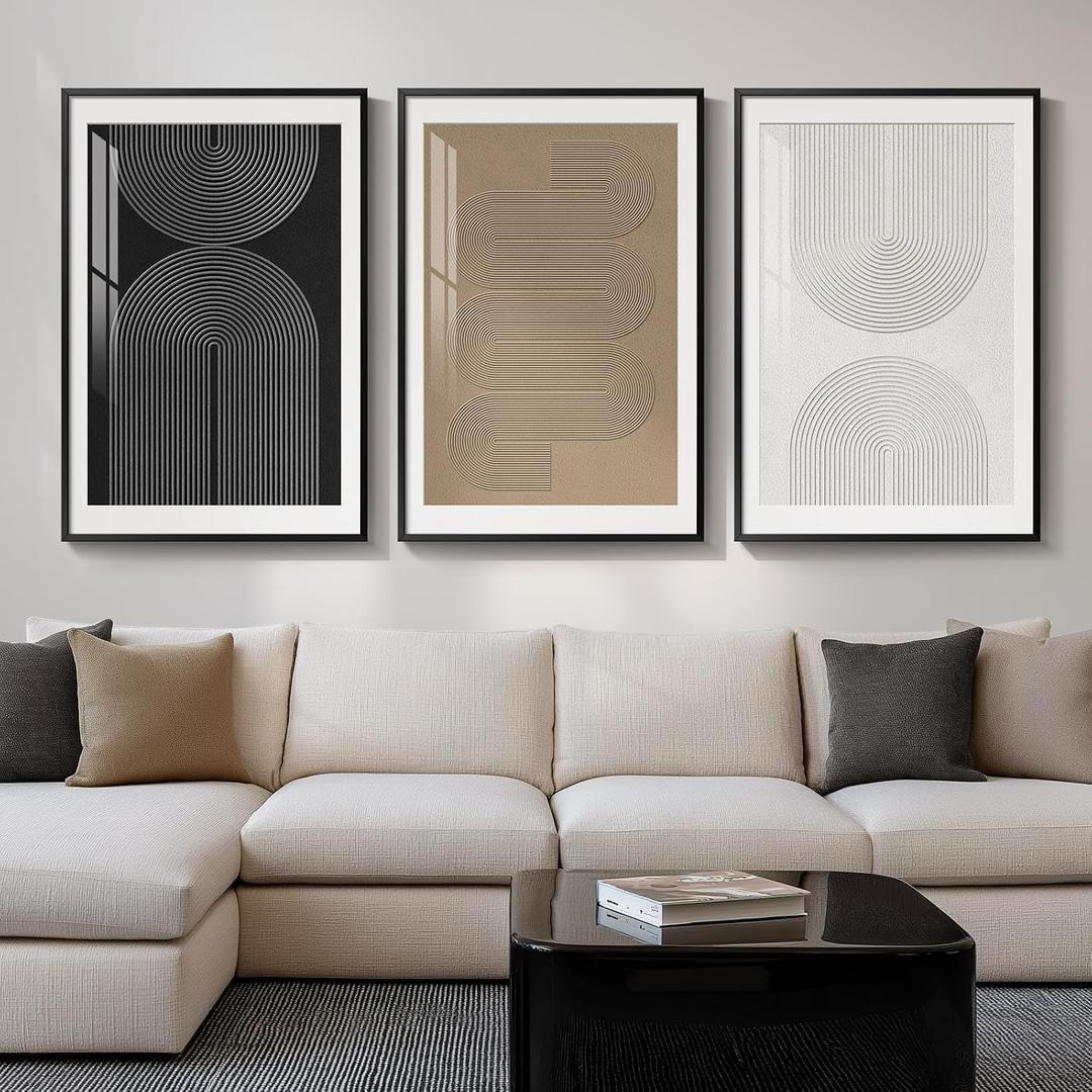 Large Framed Boho Neutral Abstract Wall Art for Living Room, 3 Piece Black White Brown Prints Paintings Artwork for Walls, Modern Minimalist Geometric Pictures for Hallway Office Wall Decor 24x36 In, 24" W x 36" H x 3Pcs