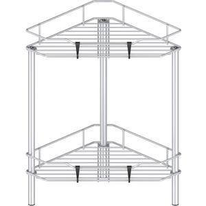 HuggieGems 2 Tier Floor Standing Corner Shower Caddy Organizer Shelf with Hooks, Bathroom Shelves Stand Rack, Silver