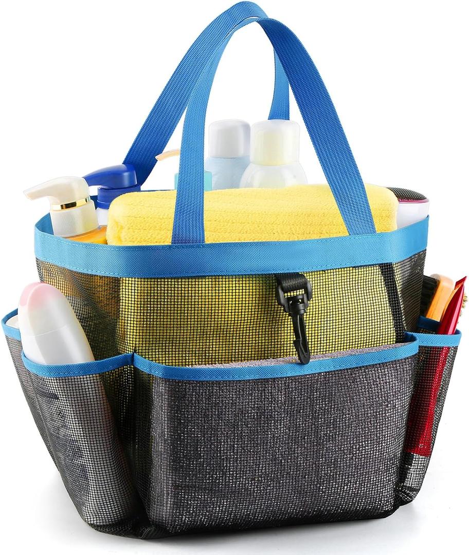 Mesh Shower Caddy Portable for College Dorm Room Essentials with 8 Pockets, Shower Bag for Beach, Swimming, Gym, Travel, Bathroom(Blue)