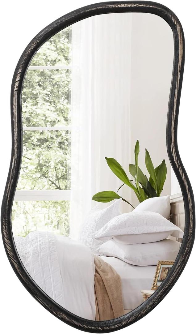Asymmetrical Wood Mirror Irregular Wall Mirror Large Bathroom Mirror for Over Sink Rustic Black Wall Mounted Mirror for Living Room Bedroom Entryway Hallway