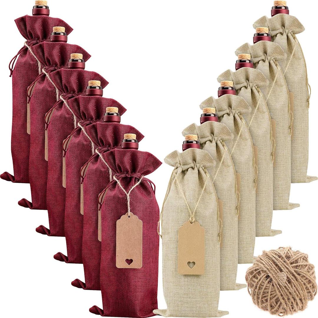 Burlap Bags Christmas Gift Bags , 12 Pcs Bottle Covers with Drawstrings, Tags & Ropes, Reusable & Ideal for Christmas, Holiday Party, Wedding, Birthday, Travel, Housewarming, Home Storage (Burlap & Burgundy Red)
