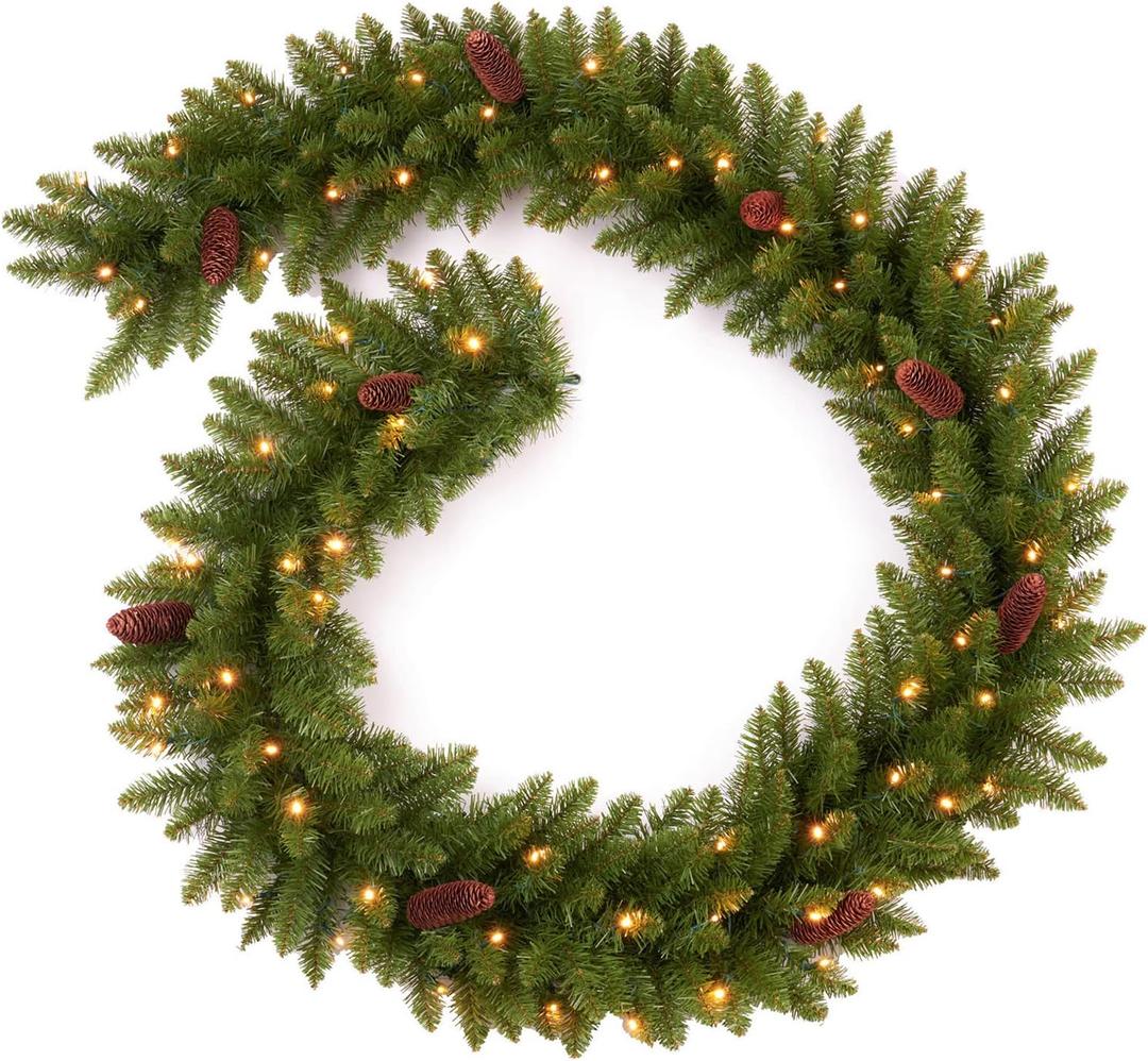 AMERZEST 9Ft Pre-Lit Christmas Garland, Plug in, Green, 50 Clear Lights, Fireplace Stairs Mantle Door Indoor Outdoor, Decorated with Pine Cones