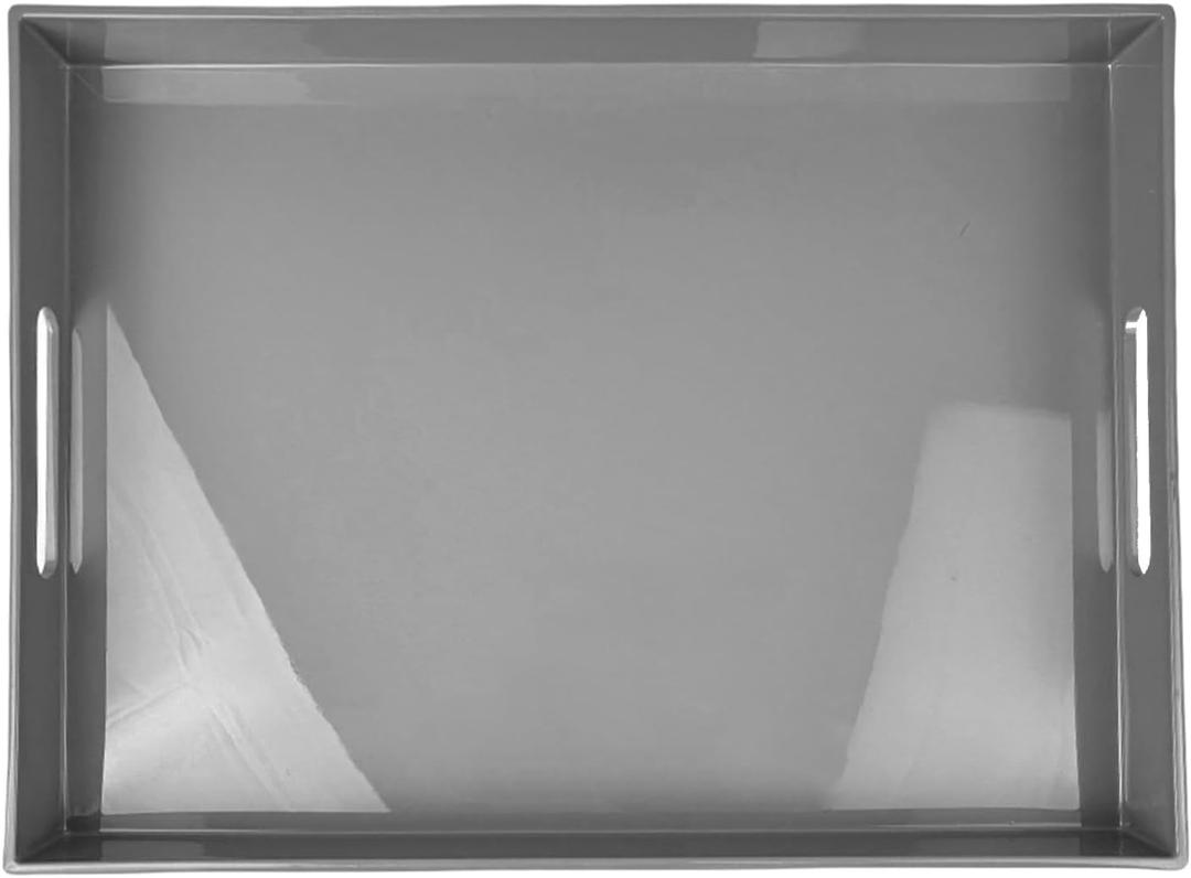 Grey Decorative Tray, Rectangular Large Serving Tray with Handles, Plastic Coffee Table Tray for Ottoman, Living Room, Kitchen Tabletop, 15.7 x 11.8 x1.6