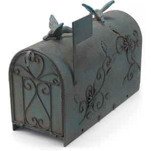 Heavy Duty Galvanized Steel Mailbox Post, Rural Mail Box Postal Storage Box with Bird Decoration (Vintage Green)