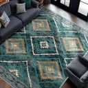 Area Rug 8x10 Rug Machine Washable Non-Slip Low Pile Print Pattern Western Rug for Living Room Bedroom Entryway-Teal/Green