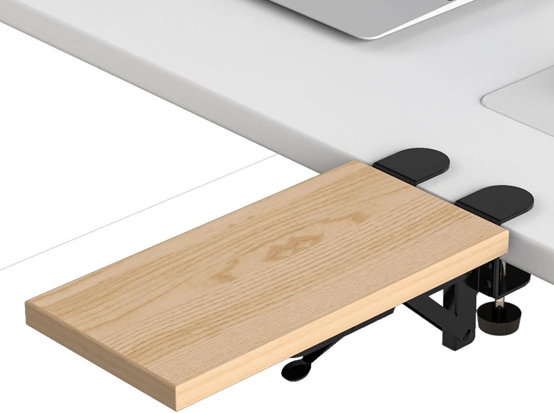 OUGIC Ergonomic Desk Extension Tray, 30 x 15 cm, Clamp Without Perforation, Foldable Keyboard Drawer Tray, Wrist Rest, Computer Stand (Maple)
