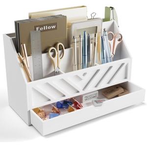 SRIWATANA Mail Organizer Countertop, White Desk Organizer with Drawer, Mail Holder with 5 Compartments for Counter, Desk Office Accessories & File Sorter Letter Paper Holder
