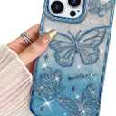 BITOBE Designed for iPhone 12 Pro Max, Cute 3D Butterfly Case Slim Plating Glitter Bling Luxury Cover for Women Girls Protective Camera Protection Bumper 6.7" Blue