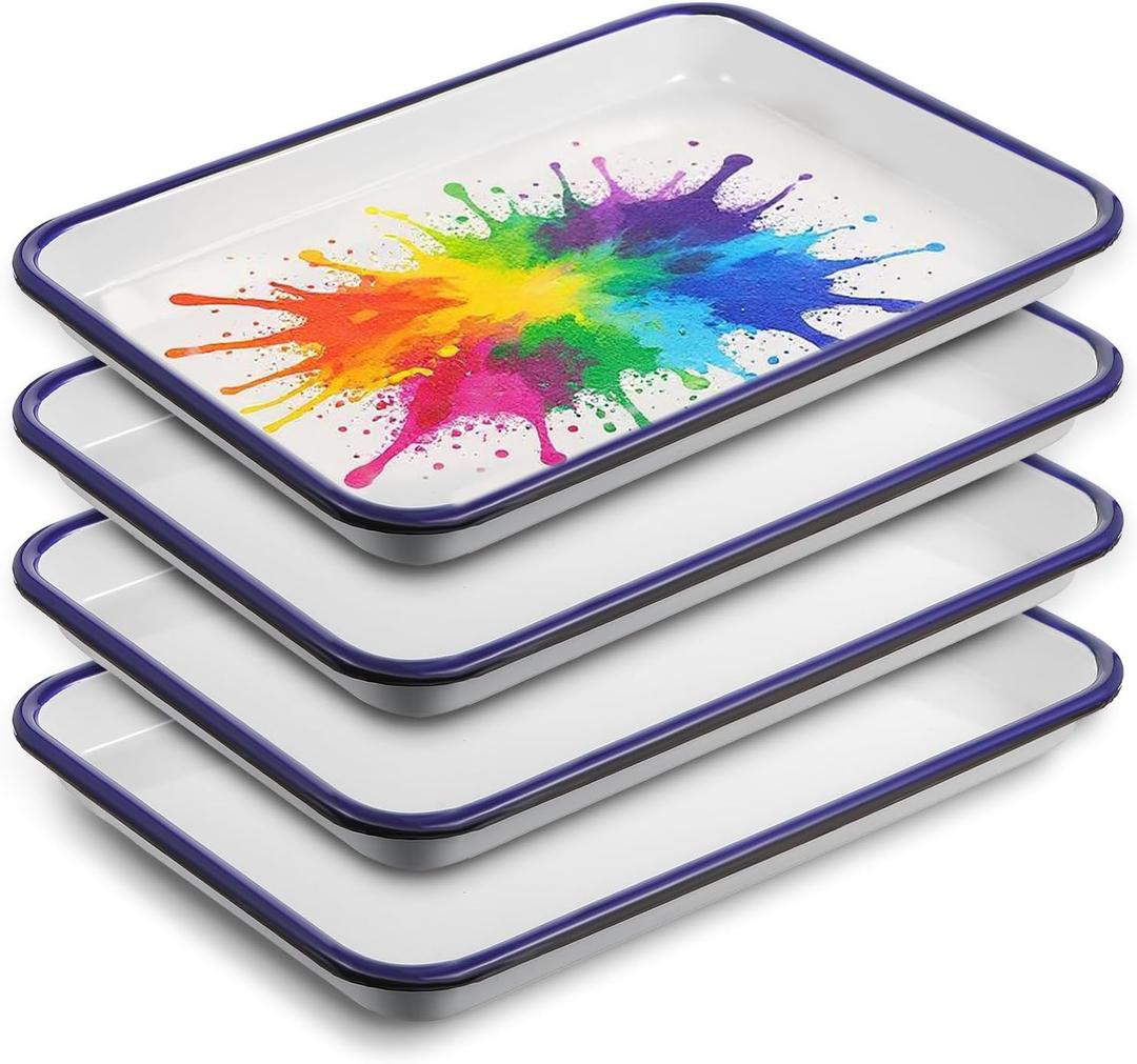 4-Pack White Enamel Butcher Trays, 7.1 x 10.2 Inch Rectangular Metal Serving Palettes for Painting, Food Storage, and Home Organization, Vintage Art Supply Holder