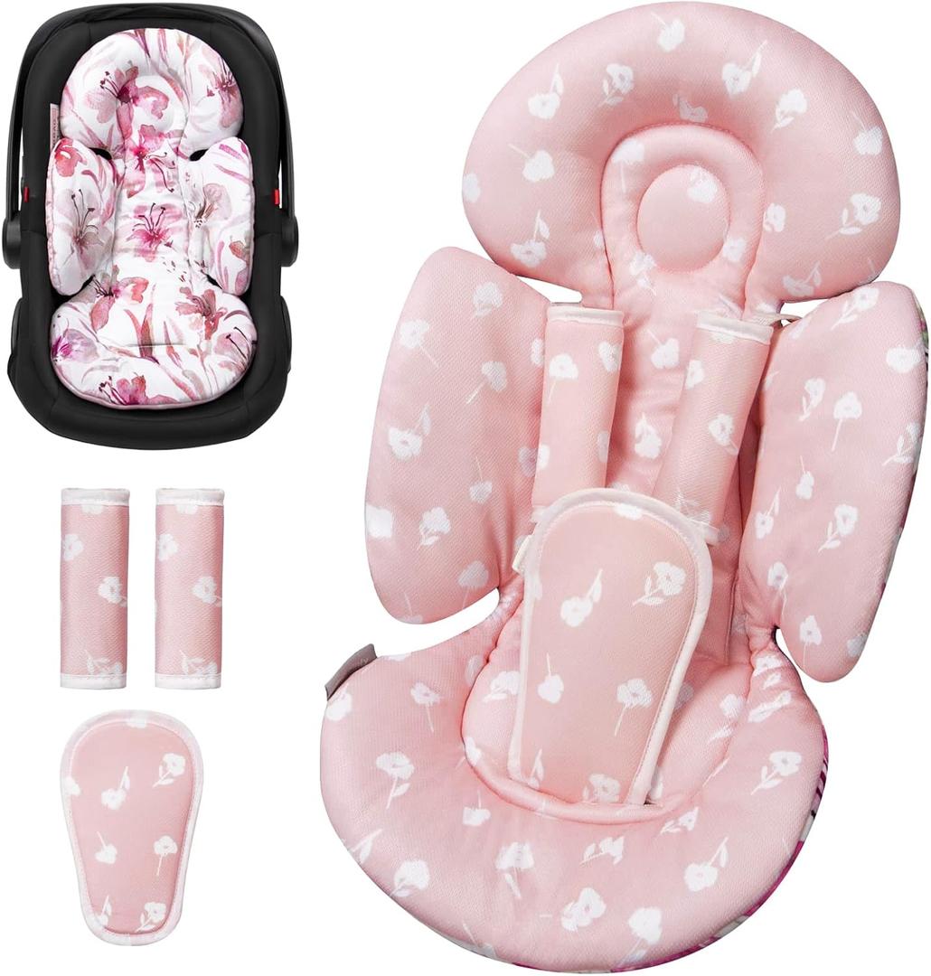TinlyFinly Newborn Car Seat Insert, Head and Body Support, Reversible Infant Insert Compatible with Baby Carseat, Stroller, Mamaroo Swing, Rocker, Bouncer. Baby Car Seat Cushion - Pink Floral