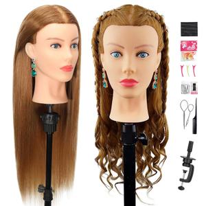 Mannequin Head Human Hair- Cosmetology Manikin Doll Head with 80% Real Hair for Hairdresser Practice Styling Braiding Training Heads & Free Clamp Holder (Brown)