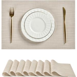 Leetaltree Beige White Placemats Set of 8 - Heat Resistant Non-Slip Place mats for Dining Table, Washable Durable PVC Vinyl Woven Table Mats(Beige White, 8)