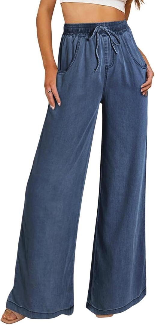 Sidefeel Women's Drawstring Wide Leg Jeans High Waisted Loose Fit Denim Pants (14 Tall, Blue)