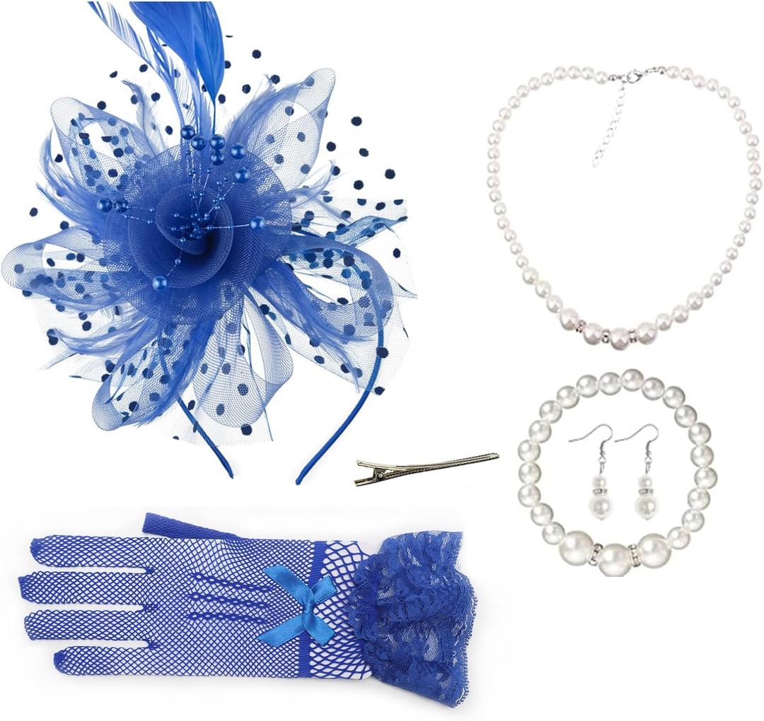Women Fascinators Hats Veil Mesh Tea Party Derby Hat Bow Lace Gloves Pearl Jewelry Set for Women Cocktail Wedding (Blue)