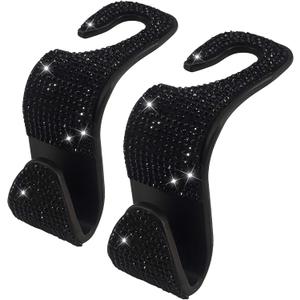 2 Pack Car Hooks, 2021 New Bling Rhinestones Crystal Hooks Car Decorations Auto Seat Back Organizers Strong and Durable Backseat Hanger Storage Universal for SUV Truck Vehicle (Black)