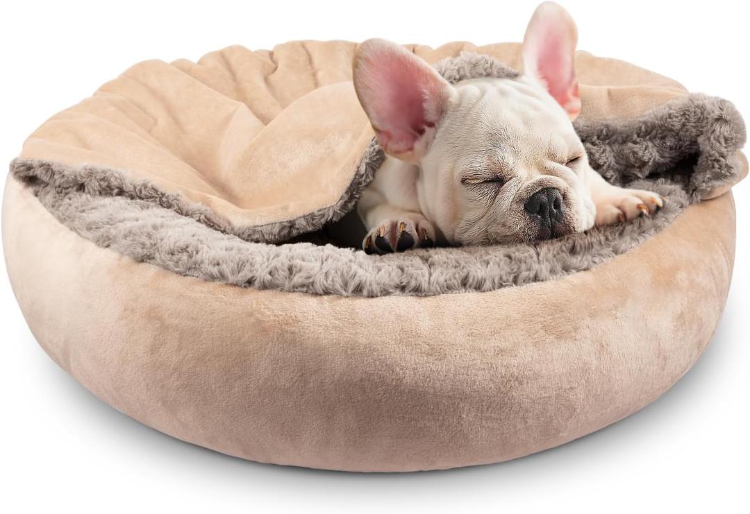JOEJOY Dog Beds for Small Medium Dogs, Cozy Cuddler Luxury Puppy Pet Bed with Blanket Attached, Donut Round Calming Anti-Anxiety Dog Burrow Cave Bed - Anti-Slip Bottom and Machine Washable 26 inch (Beige)