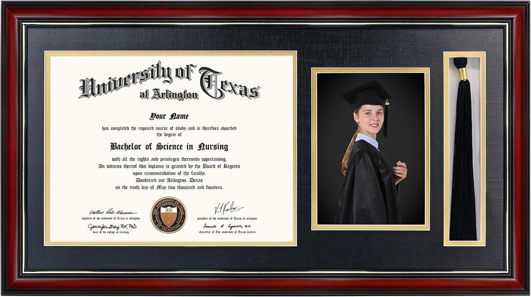 GraduationMall 11x22 Cherry Diploma Frame with Tassel Holder and Picture for 8.5x11 Certificate 5x7 Photo,Tempered Glass,Black over Gold Mat
