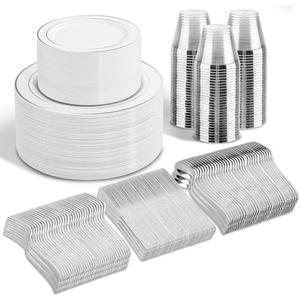 WELLIFE 600 Pcs Sliver Disposable Dinnerware for 100 Guests, Dinnerware Set of 100 Dinner Plates, 100 Salad Plates, 100 Spoons, 100 Forks, 100 Knives, 100 Cups