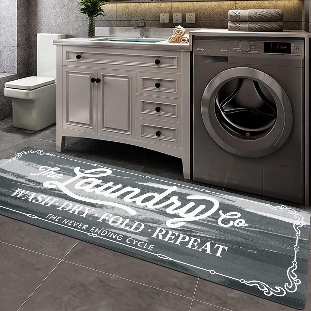 Pauwer Farmhouse Laundry Room Rug Runner 20"x59" Rubber Non Slip Kitchen Mats for Floor Waterproof Laundry Area Rug Washable Floor Carpet Runner for Entryway Bathroom Hallway Mudroom (Light Grey)