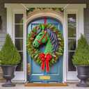 2 x BlissYard Christmas Door Cover 35x71 Inch Festive Horse Head Wreath Pine Cones Berries Holiday Banner Polyester Fabric Door Banner for Unique Home Entryway Equestrian Theme Decor Backdrop