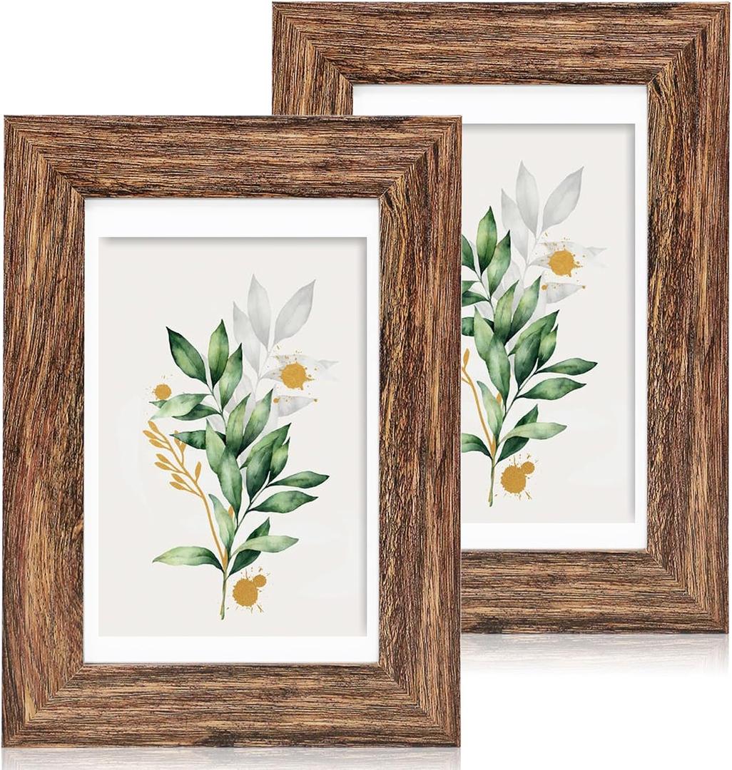 Hongkee 5x7 Picture Frame Set of 2, Made of Real Glass and Rustic Brown Wooden Frame - Display Pictures 4x6 with Mat or 5x7 Without Mat, 5 by 7 Photo Frame for Wall or Tabletop Display