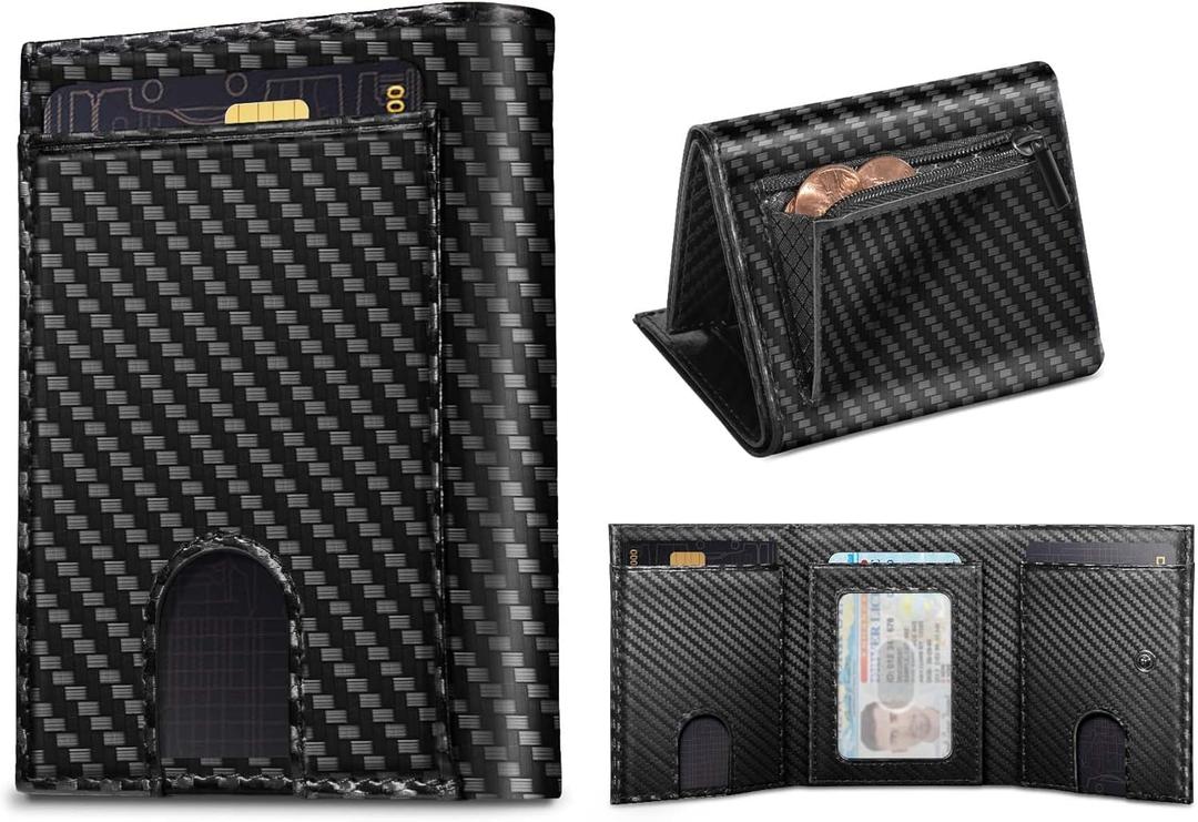 Trifold Wallet for Men - Real Leather Wallet with ID Window, RFID Protection, Coin Pocket & Card Slots - Premium Leather Wallet for Men (Carbon Fiber, Black)