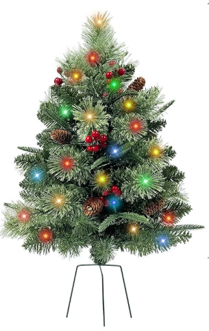 QIANF Pre-lit Artificial Christmas Trees with Multi-Color Lights, Timer, 30 Inch Battery Operated Lighted Porch Christmas Trees Outdoor Holiday Decorations for Entrance Pathway Front Door Yard