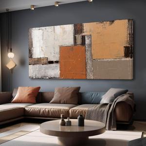 Artexist Orange Abstract Canvas Photo Prints Living Room White Artwork Brown Block Painting for Room 29"x 58" Office Wall Art Bedroom Hallway Decor