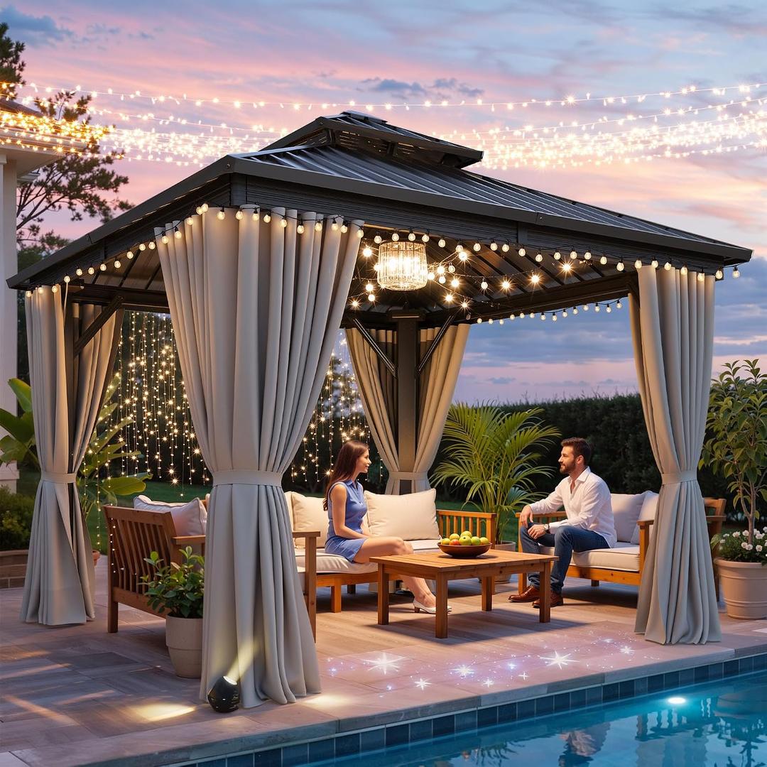 YITAHOME 10X10FT Gazebo Patios Hard Top Outdoor Double Roof Canopy Aluminum Frame Garden Gazebo with Curtains Netting for Backyards Decks Lawns, Gray