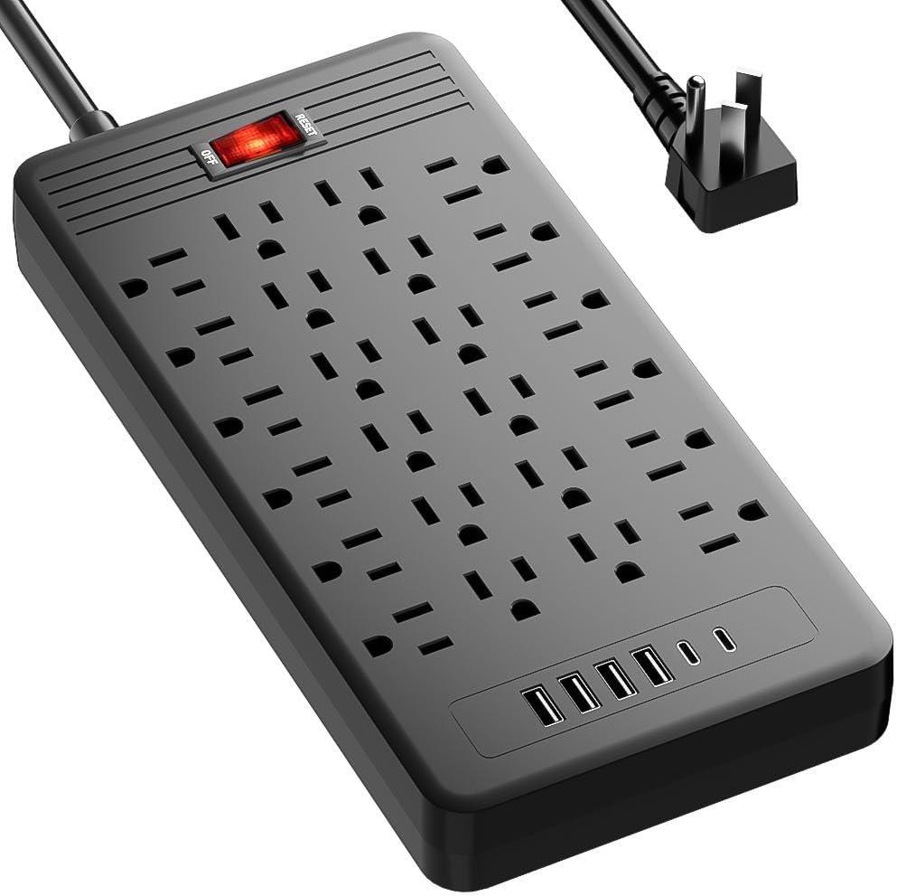24 Outlets Surge Protector Power Strip - 5 Feet Flat Plug Extension Cord with 24 Widely Outlets and 4 USB Ports, 2 USB C Ports,Portable Outlet Extender, Wall Mountable for Home Office Dorm Room,Black