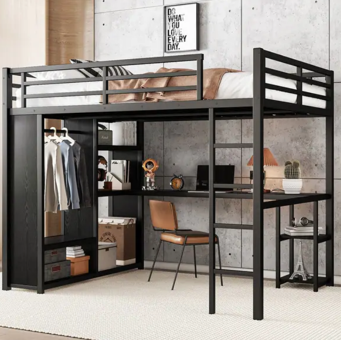 Loft Bed Frame with Built-in Wardrobe, Metal Loft Bed with Desk and Storage Shelves