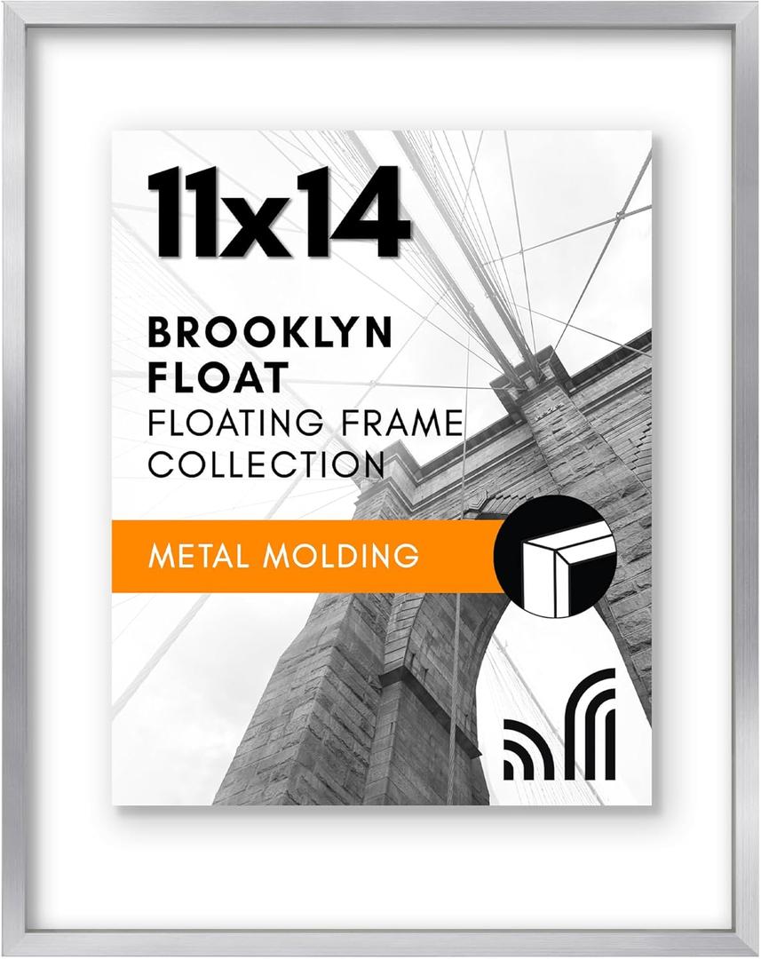 Americanflat Aluminum 11x14 Floating Picture Frame with Shatter-Resistant Glass - Use as 8x10 Picture Frame or Display 11x14 Photo - Signature Float Collection - Photo Frames for Wall Display - Silver