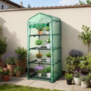 Aoodor 27x19x63 Inch 4 Tier Upgrade Greenhouse with Protective PE/PVC Base for Tidier and Cleaner Indoor Outdoor Gardening on the Deck, Patio or Backyard, Green