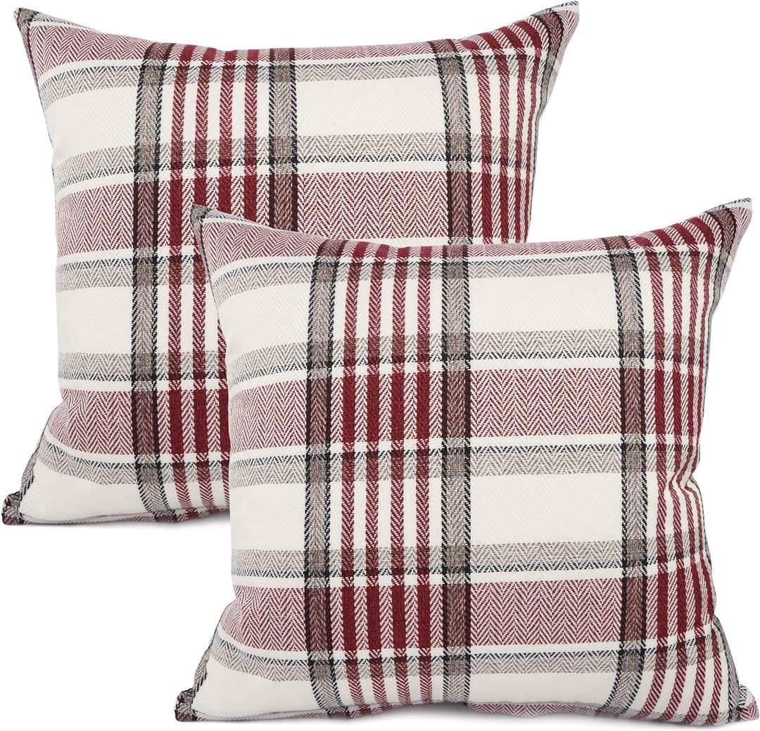 YOUR SMILE Christmas Retro Farmhouse Buffalo Tartan Chequer Plaid Cotton Linen Decorative Throw Pillow Case Cushion Cover Pillowcase for Sofa 18 x 18 Inch, Set of 2, Red/Stripe
