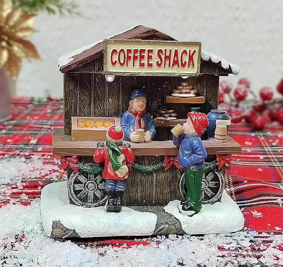 MOMENTS IN TIME Christmas Village Coffee Shop Handcrafted LED Lighted Street Vendor Scene, Battery Operated Holiday Village Building for Festive Display Holiday Decor Accessory