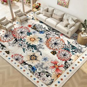 Yinhua Living Room Rug 8x10 Rug Washable Boho Floral Rugs Non Slip, Beige Soft Area Rugs Low Pile, Faux Wool Flowers Carpet for Living Room, Bedroom, Dining Room, Beige