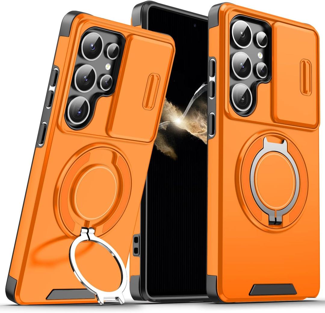 for Samsung Galaxy S26 Ultra Case with Slide Camera Cover and Rotating Kickstand Ring, Slim Magnetic Shockproof Accessories Phone Case for Samsung S26 Ultra (Orange)