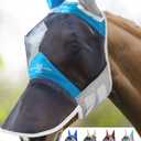 Harrison Howard Pro Luminous Horse Fly Mask Long Nose with Ears UV Protection for Horse Azure Blue/Silver Medium Cob