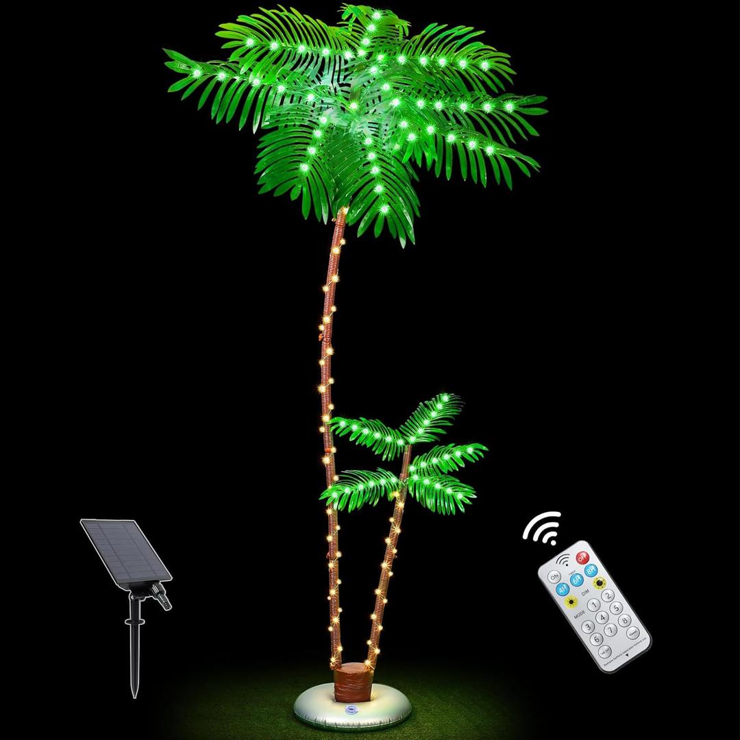 OUSHENG 7' Solar Lighted Palm Trees for Outside Patio, Bar Pool Deck Outdoor Decorations Decor, Light Up LED Artificial Fake Tree Lights for Yard Tropical Party Christmas
