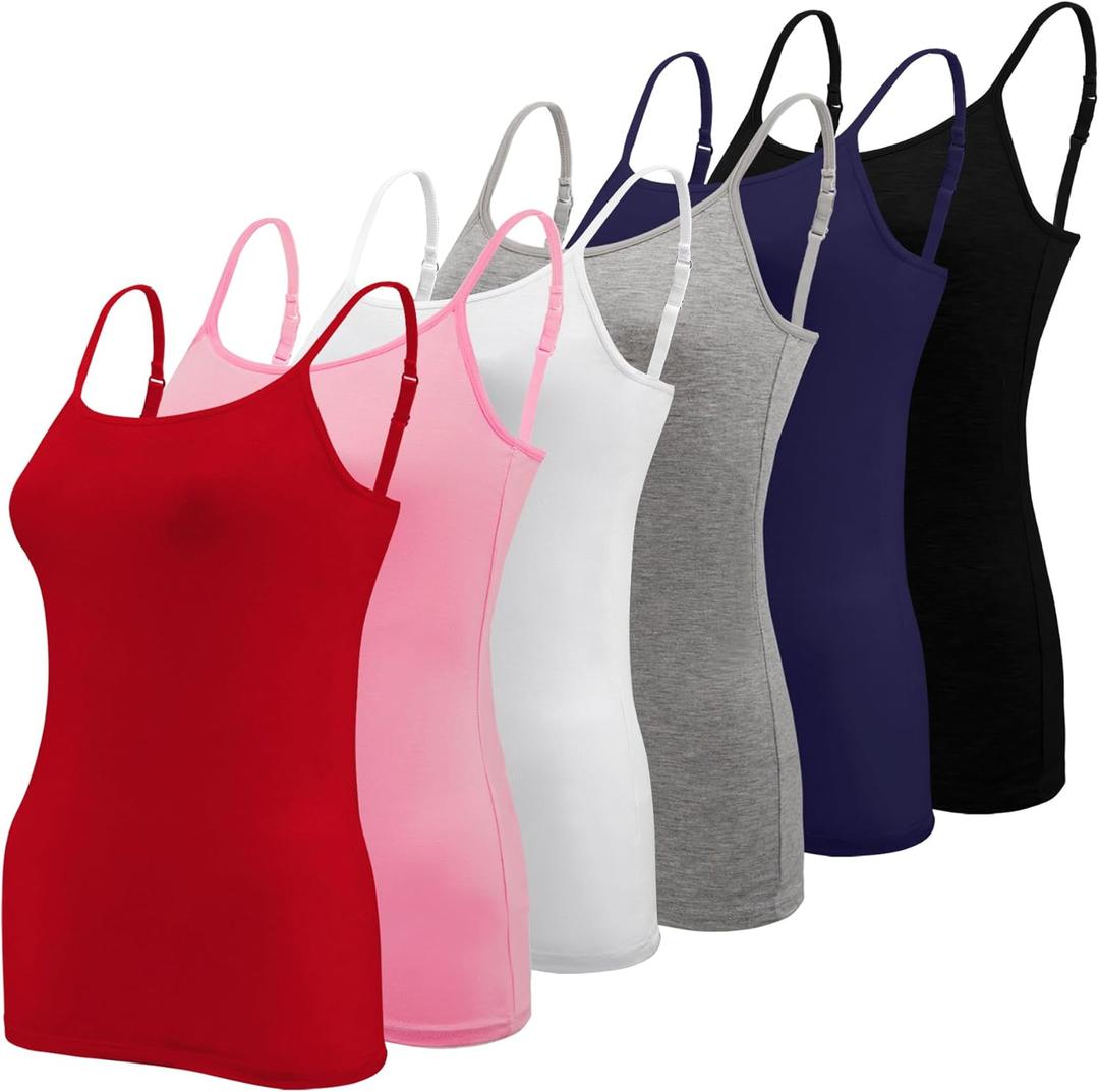 BQTQ 6 Pcs Women's Camisole Tops Undershirts Adjustable Spaghetti Strap Tank Top (Large, Black, White, Gray, Hot Pink, Red, Dark Blue)