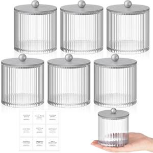 Yaomiao 6 Pcs Ribbed Bathroom Canisters Apothecary Jars with Silver Bamboo Lids and Label Stickers, 18 oz Plastic Canister with Fluted Design for Cotton Ball, Swab, Floss Picks House Storage