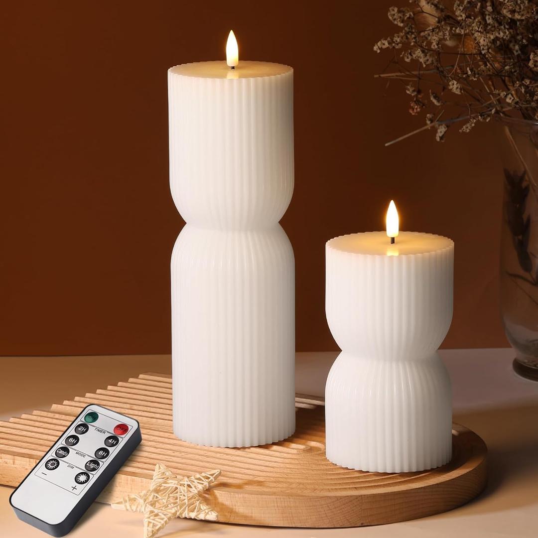 White Ribbed Flameless Pillar Candles with Remote, Real Wax Flickering Battery LED Candles Set of 2