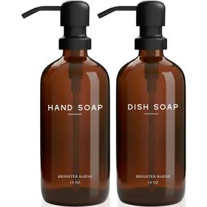 Amber Glass Hand and Dish Soap Dispenser Set by Brighter Barns - Modern Kitchen Decor & Accessories for Airbnb, RV, Office, Housewarming Gifts (Amber)