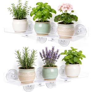 Window Plant Shelves, 2Pcs Acrylic Floating Shelf with Strong Suction Cup and Bracket, Window Sill Extender Plant Holder