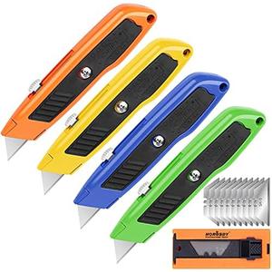 HORUSDY 3-Pack Box Cutter Utility Knife, Heavy Duty Aluminum Shell Retractable Box Cutter for Cardboard, Boxes and Cartons, Extra 10 Blades