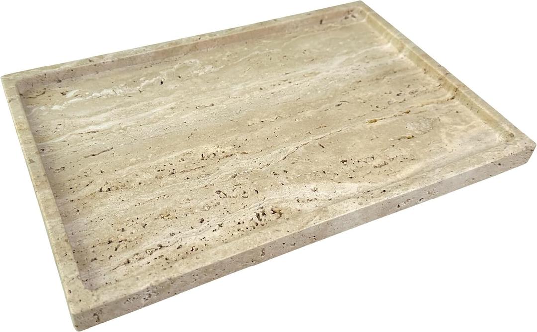 Real Natural Travertine Tray Genuine Marble Stone Tray for Coffee Table/Bathroom/Vanity (Beige Travertine, 12" x 8")