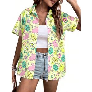 Easter Shirts for Women Happy Easter Hawaiian Shirt Funny Bunny Button Down T-Shirt Rabbit Graphic Tee Tops (Yellow, M)