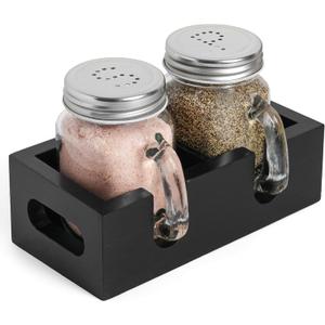 Mason Jar Salt and Pepper Shakers - Glass Shaker Set with Wood Holder Caddy, Easy to Clean & Refill for Farmhouse Kitchen Table, Home and Gifts (Black)