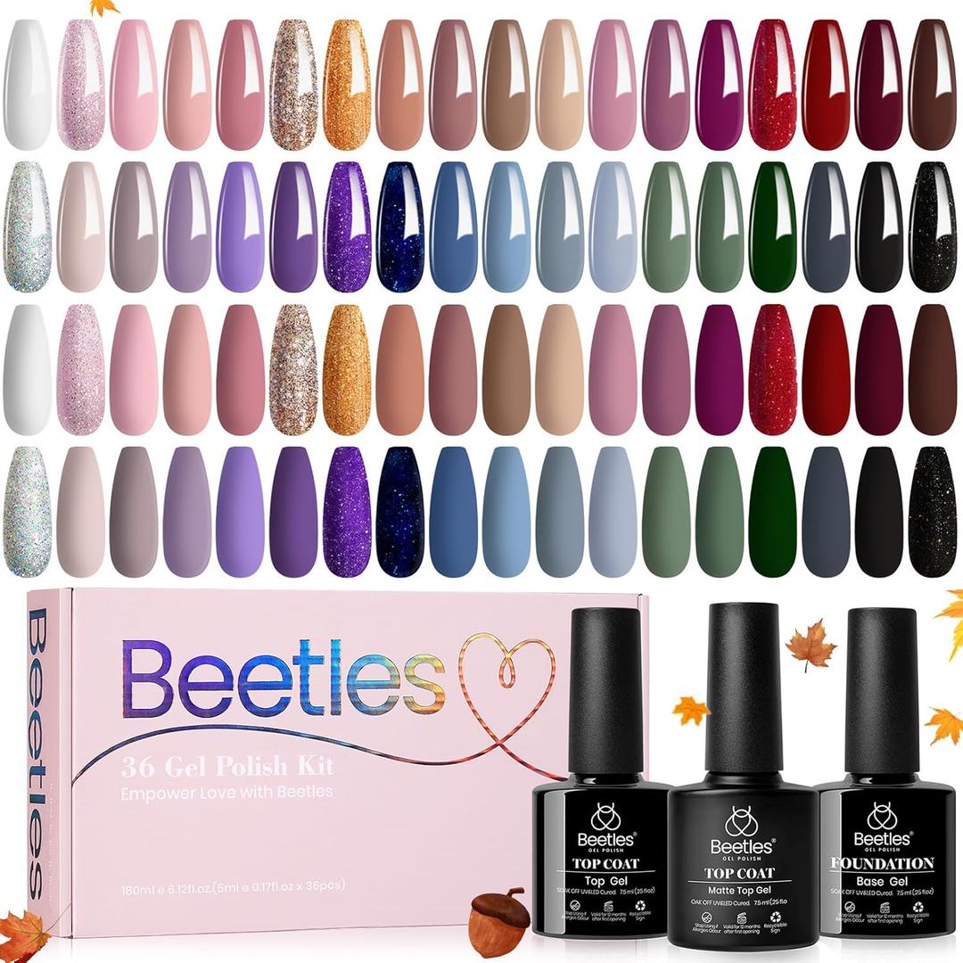 Beetles Winter Gel Nail Polish Set 36 Colors Nail Gel Polish Kit Burgundy Red Blue Green Brown Gold Glitter Pink with Base Top Coat UV LED Needed Manicure Gifts for Women Neutral Elegance